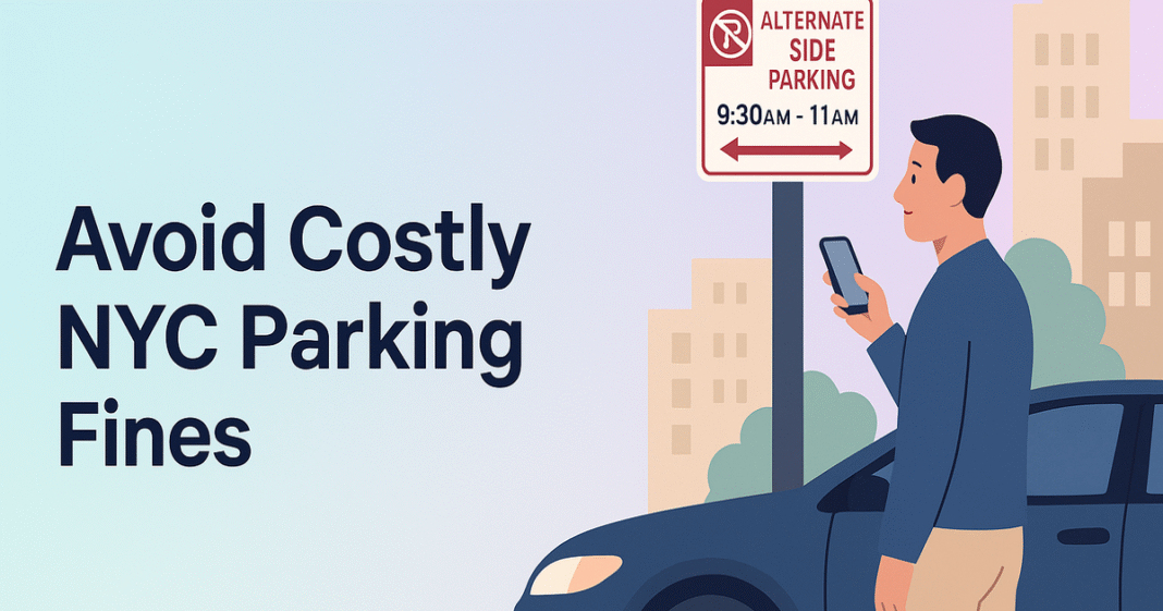 Driver checks NYC alternate side parking sign and sets phone reminder to move car, avoiding parking tickets.