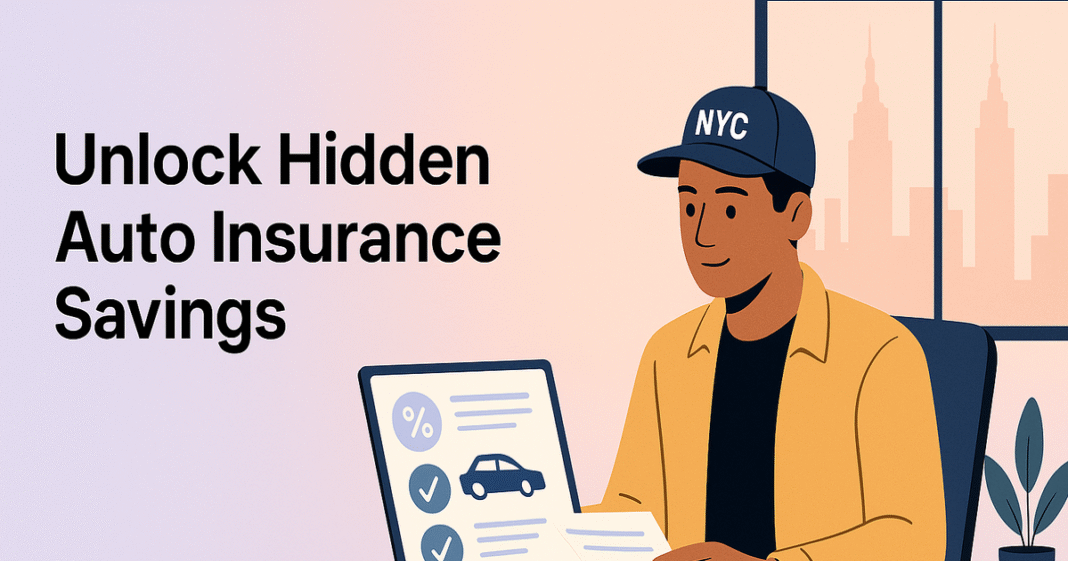 NYC car owner checks insurance discounts in a bright office, highlighting ways to lower insurance costs with proactive savings.